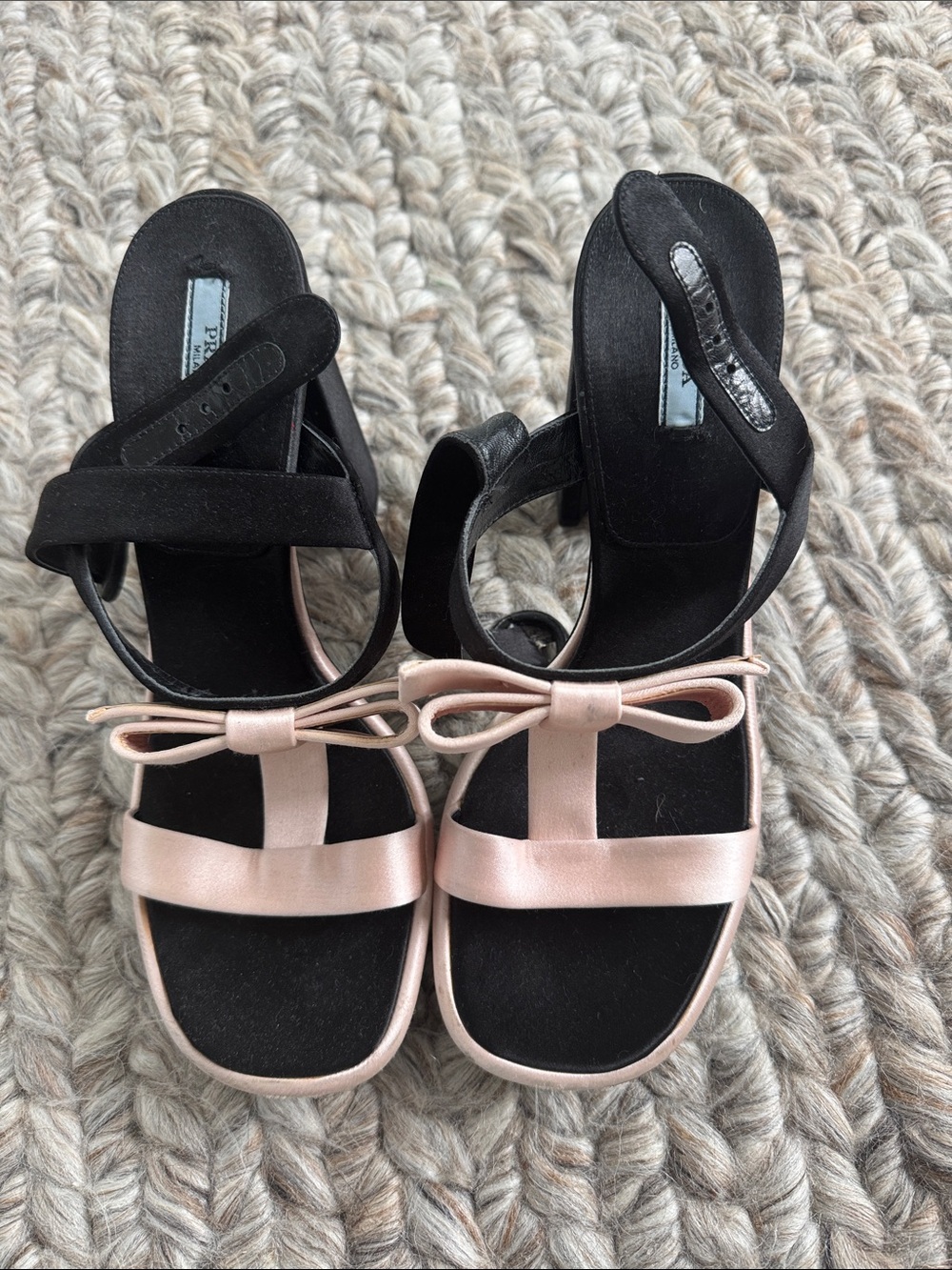 Prada Black and Blush Bow Strap Sandals